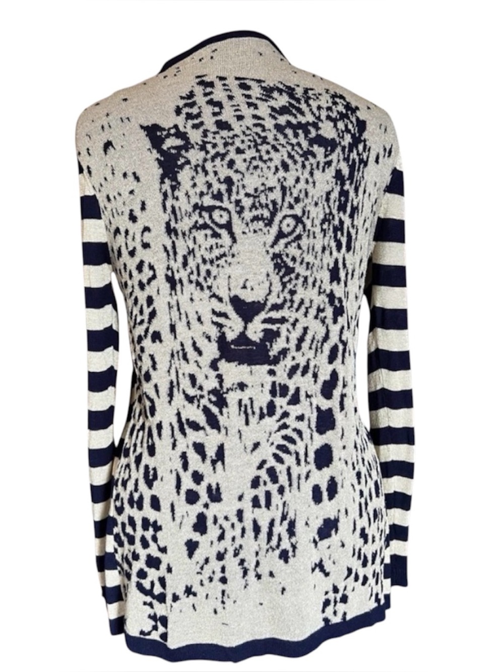 Y2K Statement Leopard Graphic Cardigan Navy & Cream With Shimmer Longline Stripe